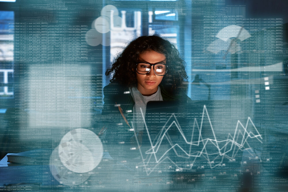 Female analyst looking at data