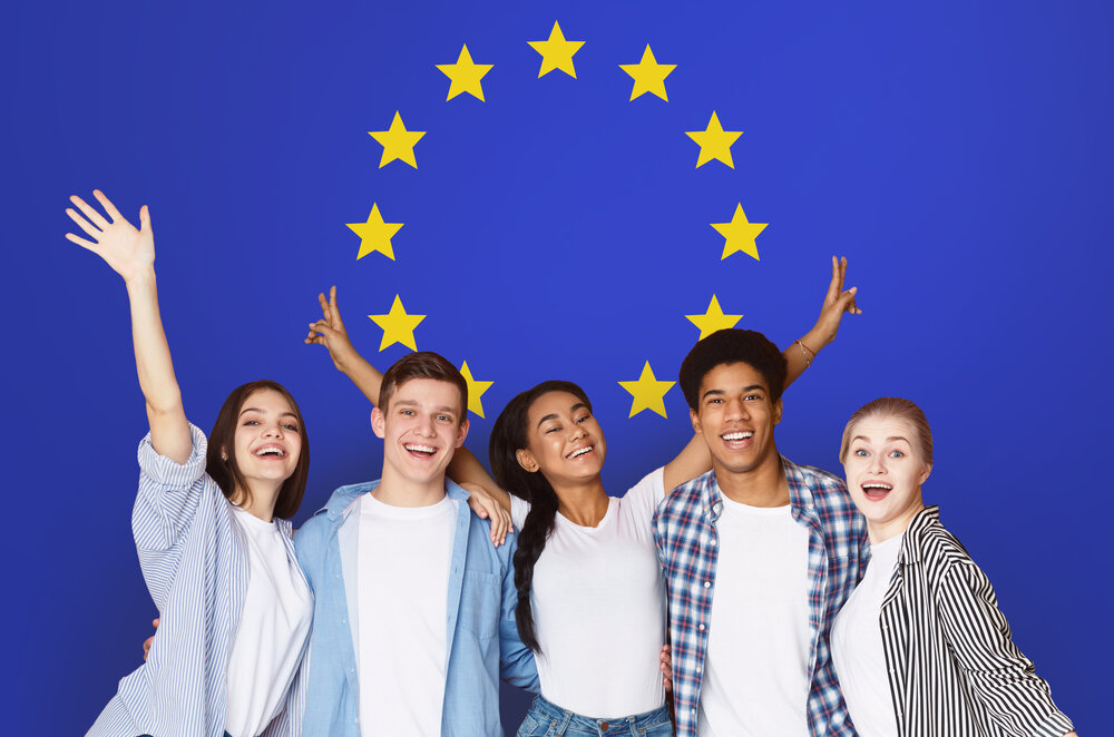 Multiracial Teens Posing Over Europe Union Flag
